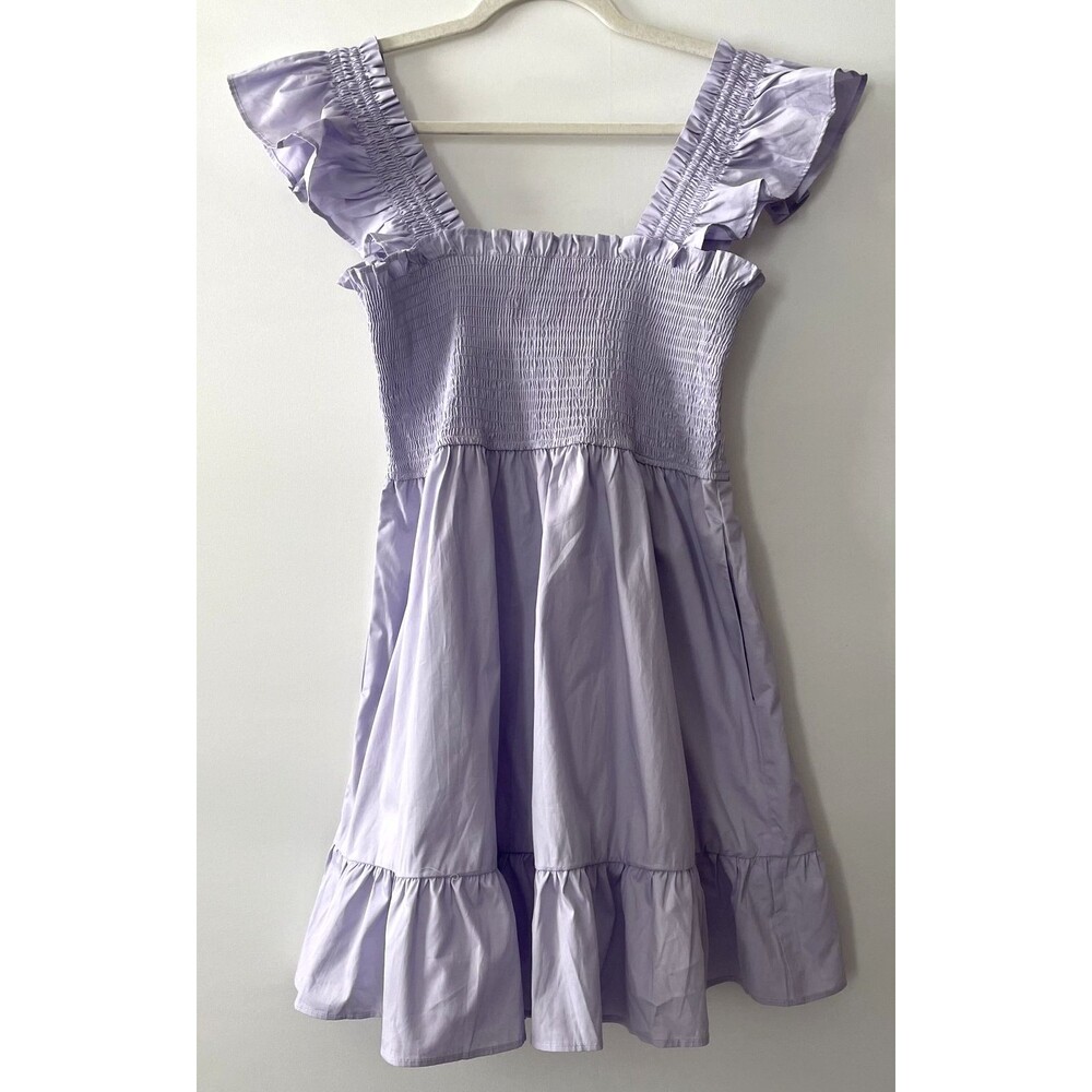 NWT mi ami Smocked Tiered Mini Dress Flutter Sleeve Lavender Women Size L-ep